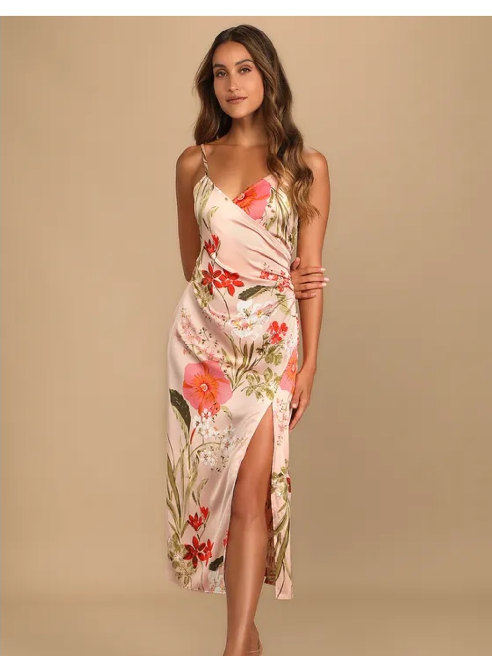 Lulu's Blush Pink Floral Maxi Slip Dress with Side Slit